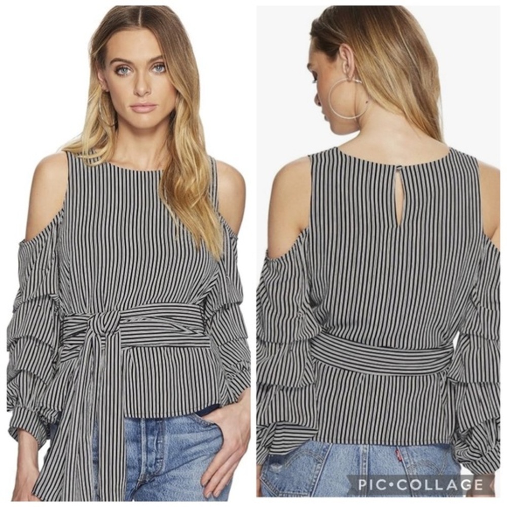 Anthropologie J.O.A. Cold Shoulder Top with Ruched Sleeves White Sz X-Small